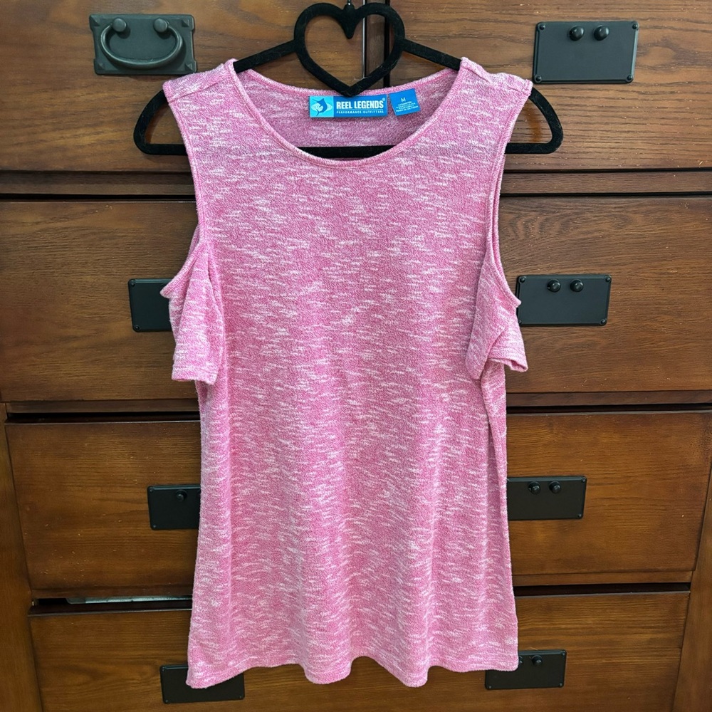 Women's Size Medium Reel Legends Era Performance Heathered Pink Cold Shoulder